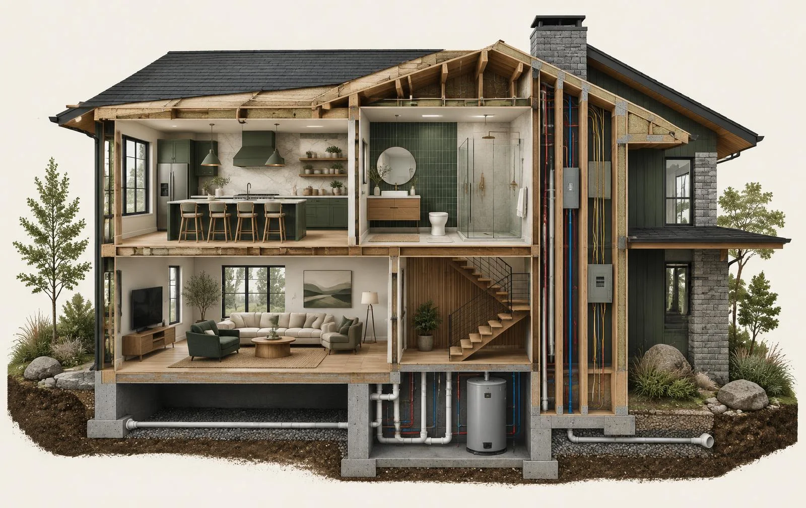 Architectural cutaway showing the connected systems and rooms within a remodeled home