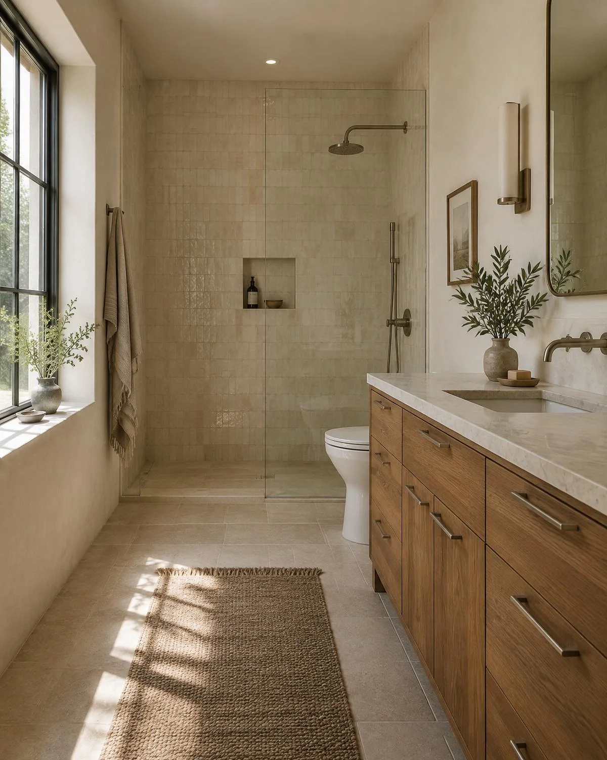 Serene bathroom with natural tile and a wood vanity