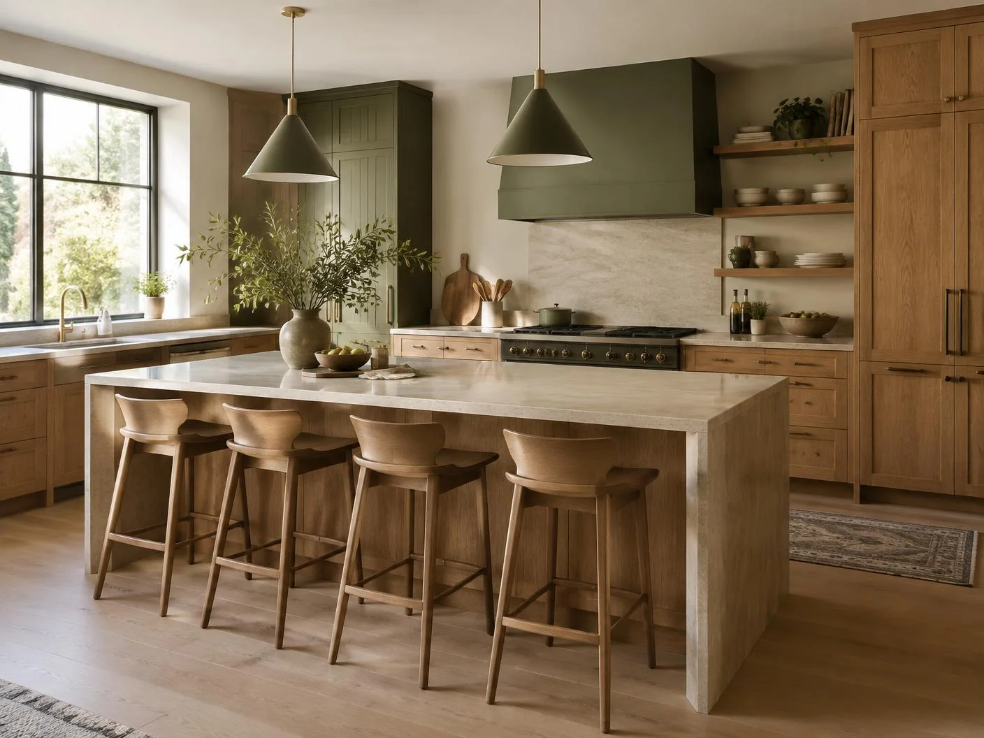Warm modern kitchen with oak cabinetry and a stone island