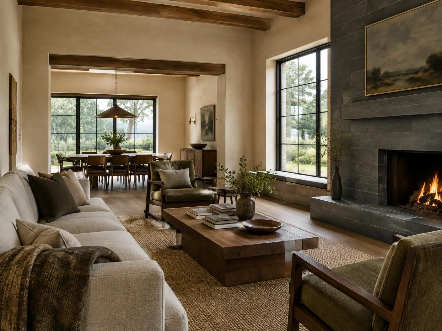 Warm living room with timber beams and a slate fireplace